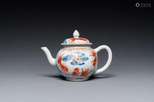 A Chinese iron-red and grisaille 'cranes and carps' teapot a...