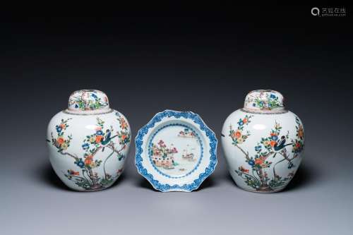 A Chinese famille rose 'Fort Folly' plate and a pair of Sams...