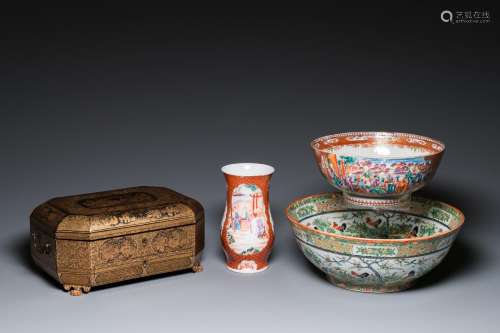 Two Chinese Canton famille rose bowls, a vase and a gilt-lac...