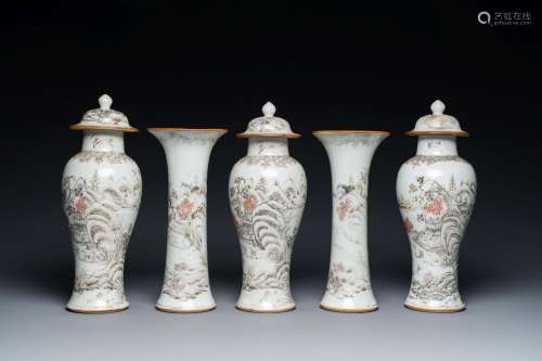 A Chinese grisaille garniture of five 'landscape' vases, Yon...