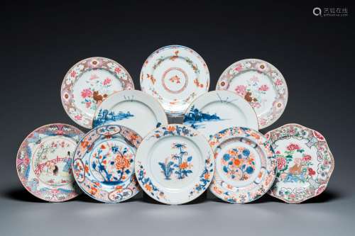 Ten Chinese blue and white, famille rose and verte plates, K...