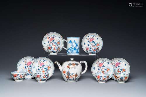 Six Chinese famille rose cups and saucers, an Imari-style te...