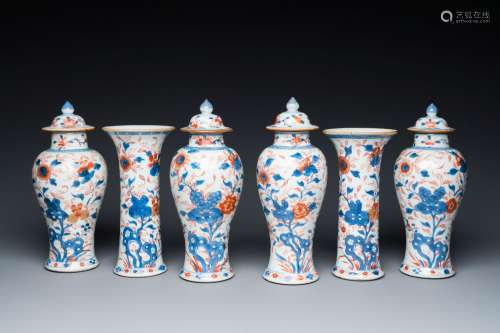 A Chinese Imari-style garniture of six vases with floral des...