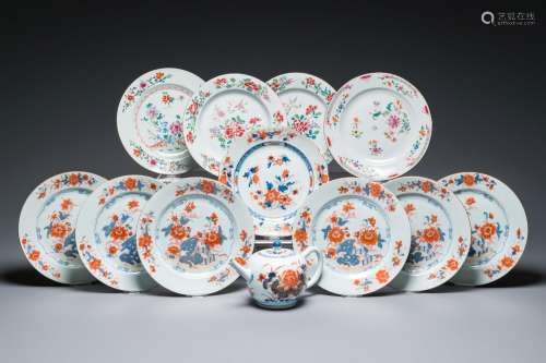Eleven Chinese famille rose and Imari-style plates and a tea...