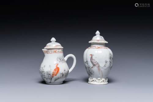 A Chinese iron-red and grisaille tea caddy and cream jug wit...