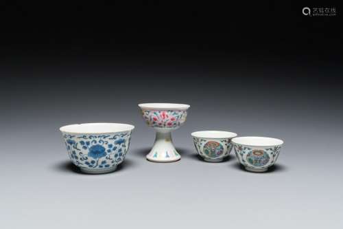 A Chinese famille rose stem cup, a blue and white bowl and a...