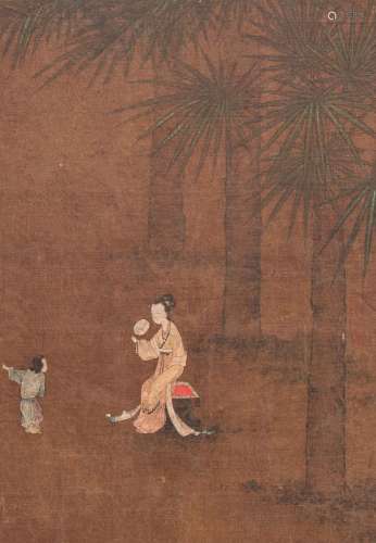 Chinese School: 'Lady and servant', ink and colour on silk, ...