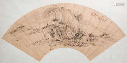 Chinese school: 'Mountainous landscape', ink on a fan leaf, ...