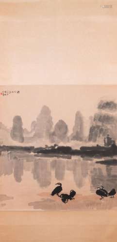 Xu Beihong 徐悲鴻 (1895-1953): 'Landscape with six cormorant...