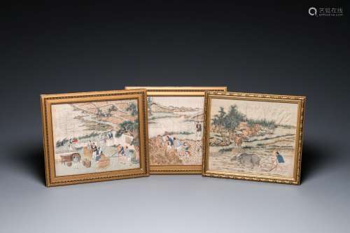 Chinese school: Three rice production scenes, ink and colour...