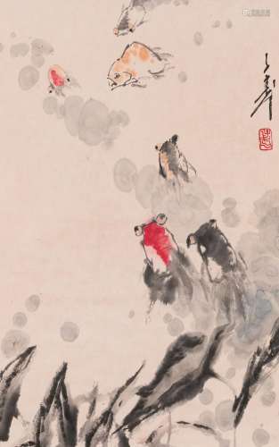 Wang Ziwu 王子武 (1936-2021): 'Goldfish', ink and colour on ...