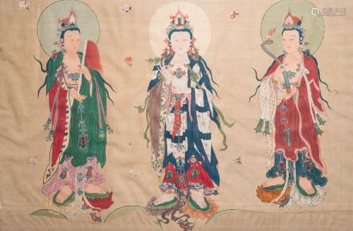 Chinese school: 'Three Buddhist goddesses', ink and colour o...
