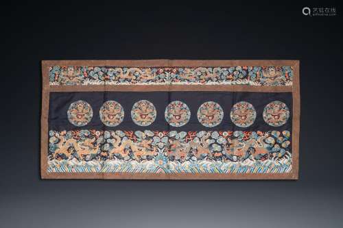 A Chinese gold- and silver-thread-embroidered silk panel wit...