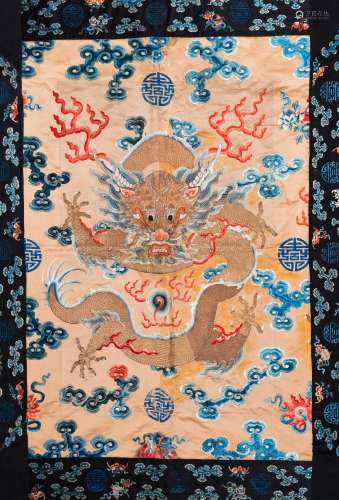 A large Chinese gold-thread-embroidered silk panel with an i...