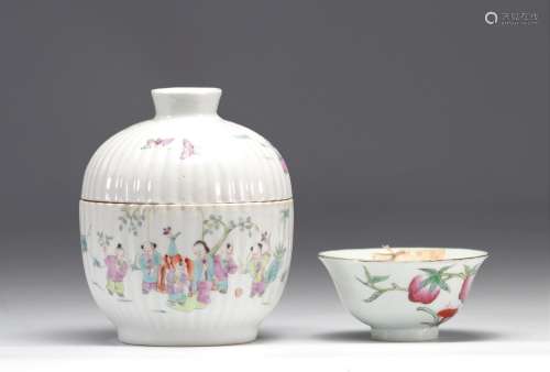 Pot couvert et bol en porcelaine de la Famille Rose à décor ...