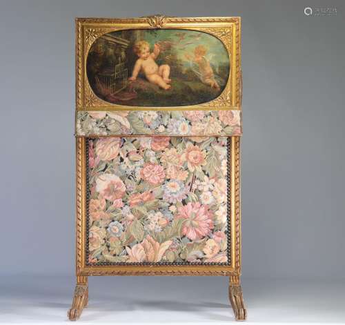 Ecran en bois et à décor d\'une peinture romantique du XVIII...