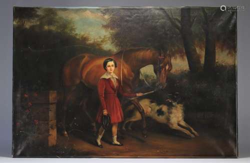 Huile sur toile \"jeune fille et son cheval et chien\&q...