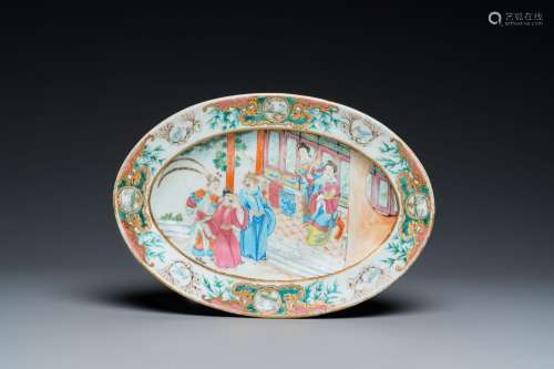 An oval Chinese Canton famille rose dish, 19th C.