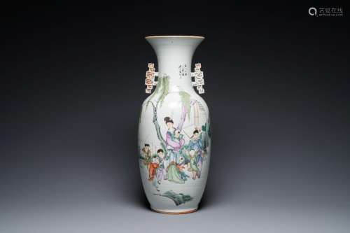 A Chinese famille rose two-sided design vase, signed Hong Ch...