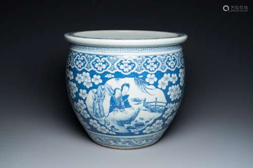 A Chinese blue and white fish bowl with medallions on a prun...