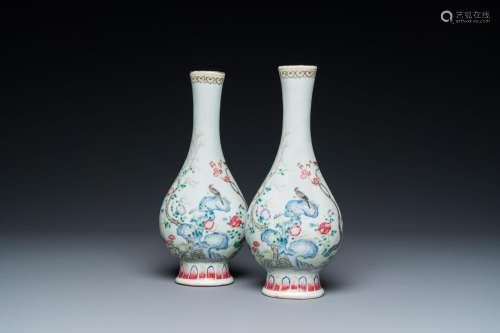 A pair of Chinese famille rose bottle vases, Jiaqing