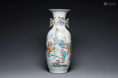 A Chinese famille rose two-sided design vase with court scen...