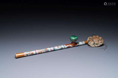 A rare Chinese famille rose opium pipe with narrative scenes...