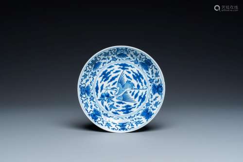 A Chinese blue and white 'crane' saucer dish, Yongzheng mark...