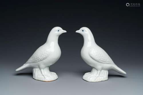 A pair of Chinese blanc de Chine pigeons, 19th C.