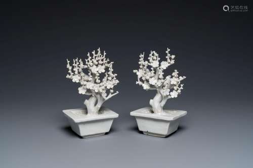 A pair of Chinese Dehua blanc de Chine trees with birds, Kan...