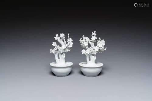 A pair of Chinese blanc de Chine models of trees in jardiniè...