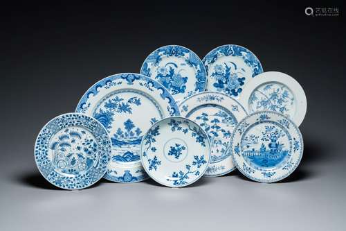 A Chinese blue and white dish and seven plates with flowers ...