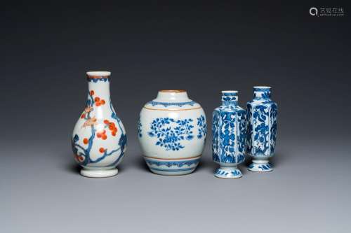Three Chinese blue and white vases and an Imari-style vase, ...