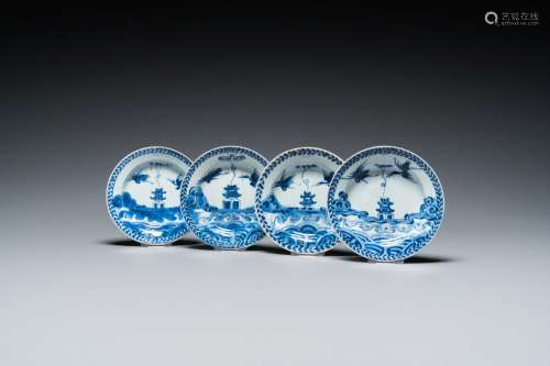 Four Chinese blue and white 'cranes and pagoda' saucers, ex-...