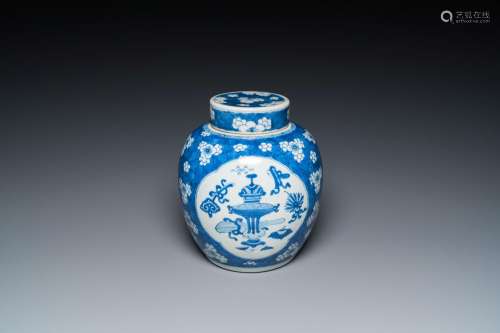 A Chinese blue and white ‘antiquities’ jar and cover, Kangxi