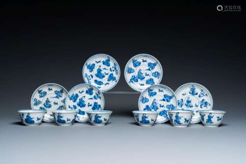Six Chinese blue and white 'Lady and dog' cups and saucers, ...