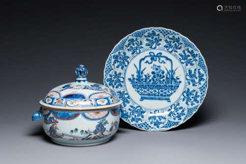 A Chinese blue and white dish and a verte-Imari tureen and c...