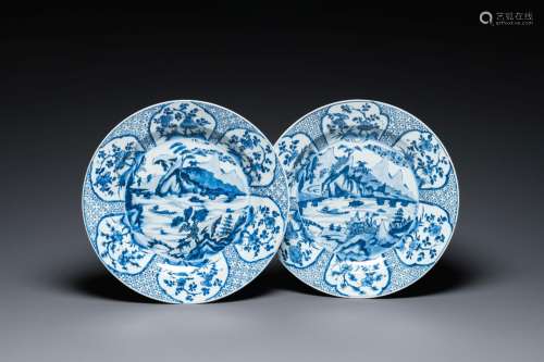 A pair of Chinese blue and white 'mountainous landscape' dis...