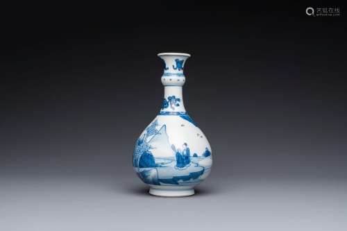 A Chinese blue and white bottle vase with figures in a lands...