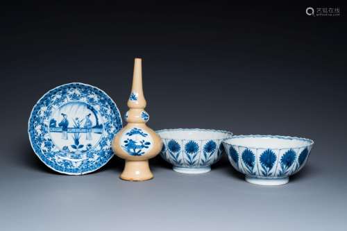 Two Chinese blue and white bowls, a small plate and a café-a...