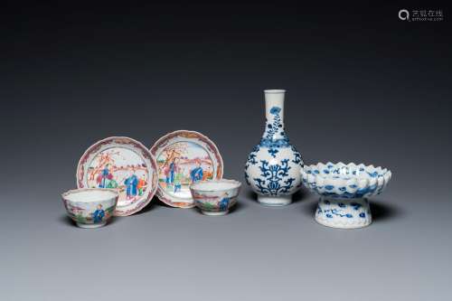 A Chinese blue and white bottle vase, a tazza and a pair of ...