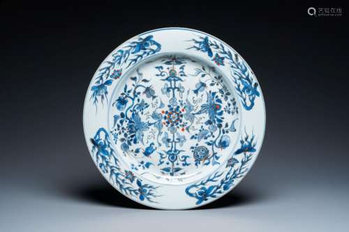 A Chinese blue and white dish with applied gilt and iron-red...