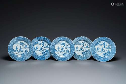 Five Chinese blue and white 'Xi Xiang Ji' plates, Qianlong