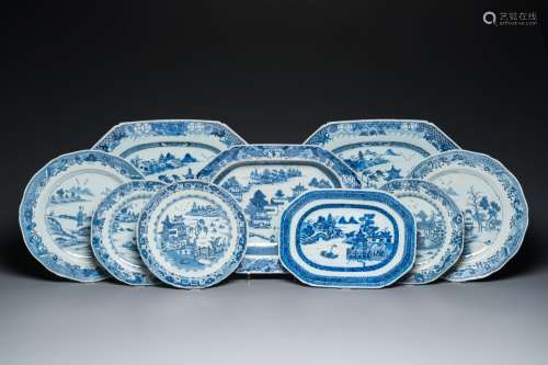 Nine Chinese blue and white dishes, Qianlong