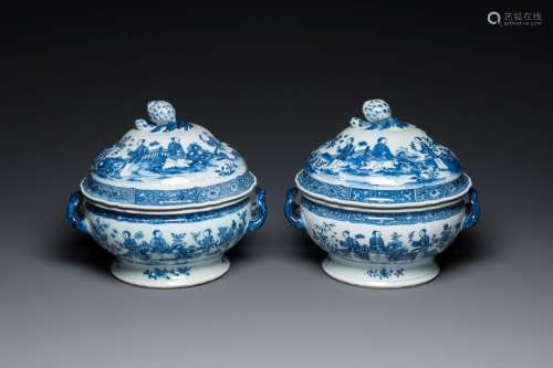A pair of Chinese blue and white covered tureens with ladies...
