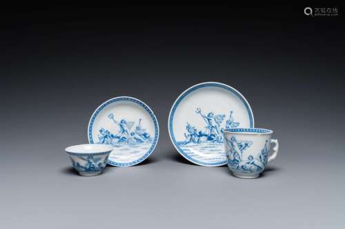 Two Chinese blue and white mythological subject cups and sau...
