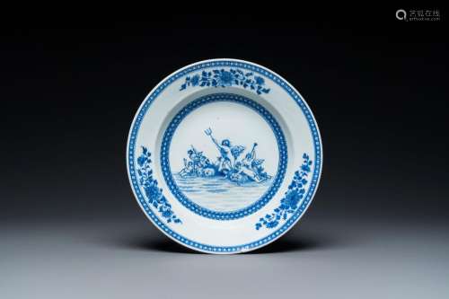 A Chinese blue and white mythological subject plate with Nep...