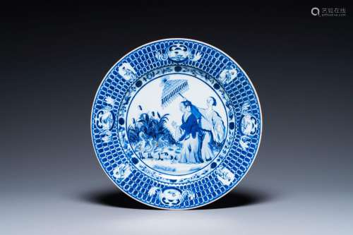 A Chinese blue and white dish with 'Parasol ladies' after Co...