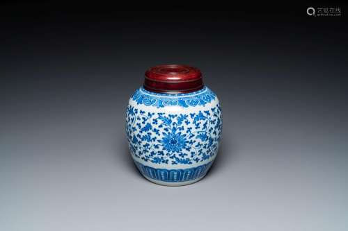 A Chinese blue and white 'lotus scroll' jar, Qianlong