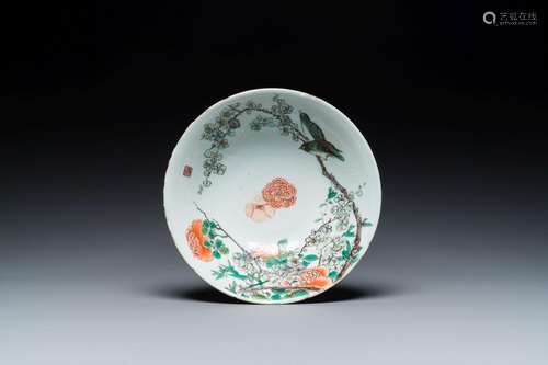 A Chinese famille verte 'magpies and prunus' bowl, Kangxi